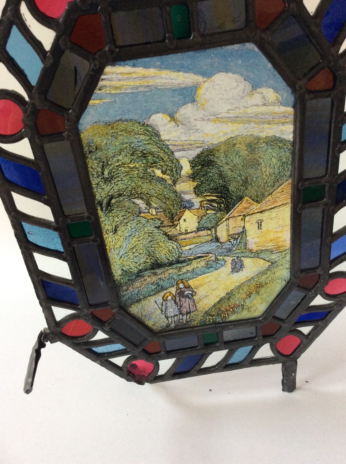 STAINED AND PAINTED LANDSCAPE GLASS ANTIQUE PANEL .SIGNED? VGC. 1 0F 2 RESCUED.