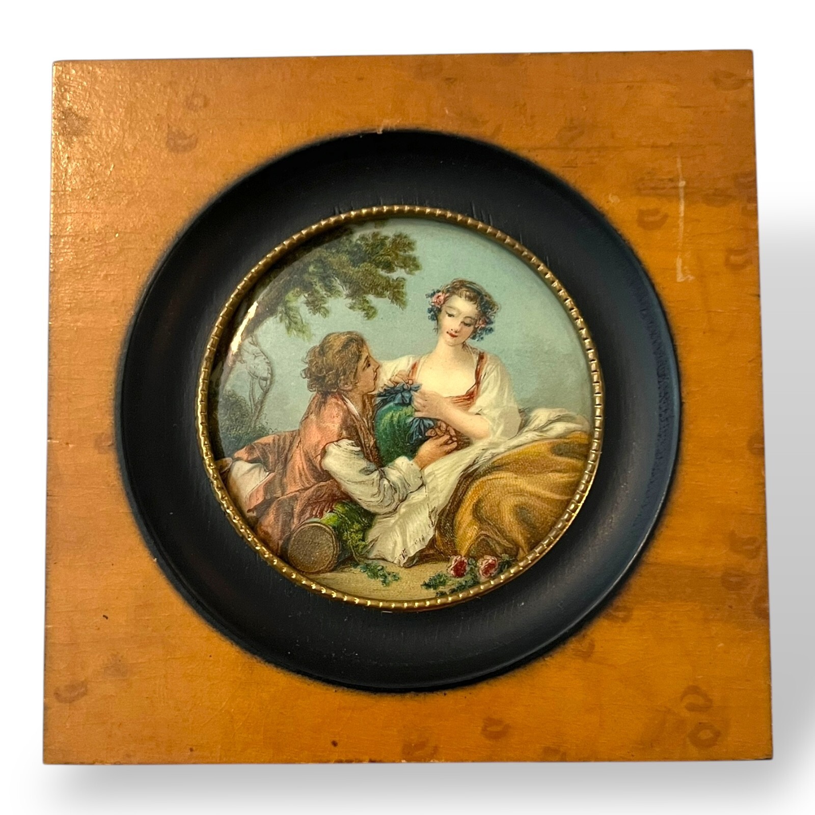 Antique 19th Century Hand Painted on Bone Miniature Portrait Courting Couple