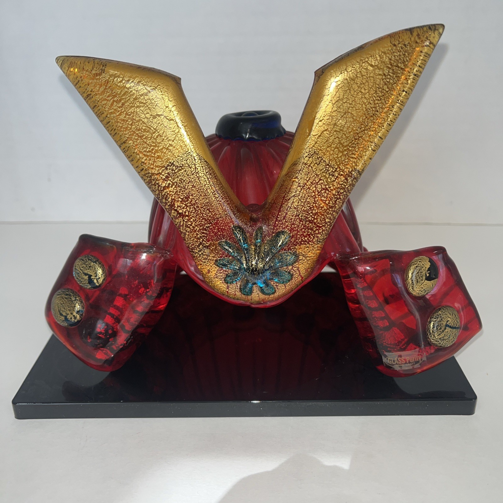Beautiful Vintage Japanese Glass Display Kabuto Samurai Helmet On A Black Stand.