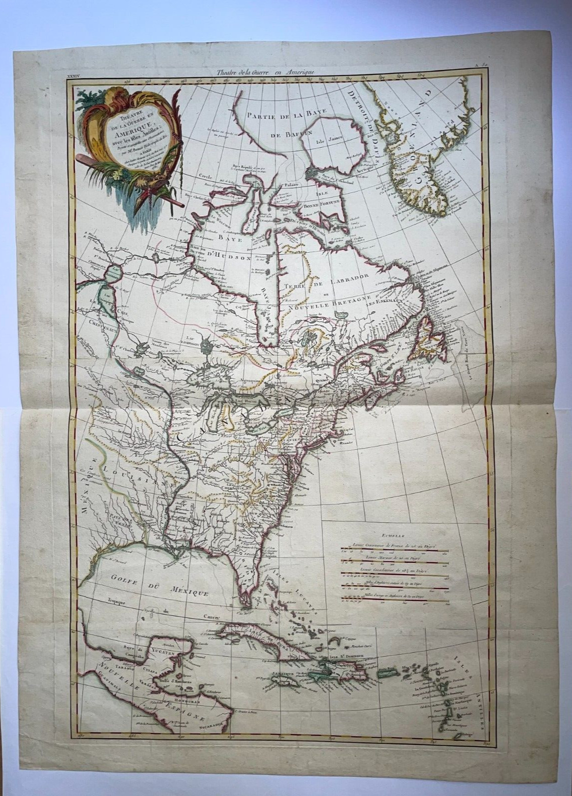 AMERICAN REVOLUTIONARY WAR 1781 BONNE/ LATTRE UNUSUAL LARGE ANTIQUE MAP