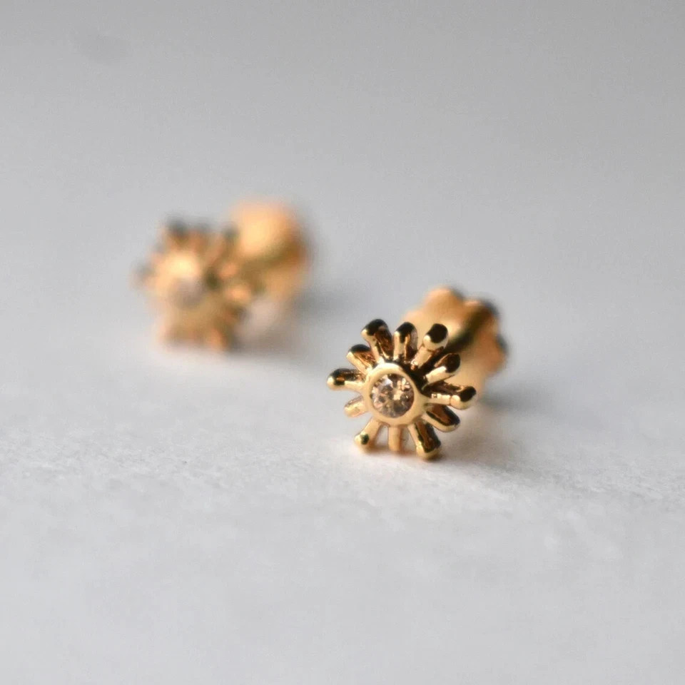 Labret Tragus Ear Sunrays Piercing Lab Created Diamond 14K Yellow Gold Plated