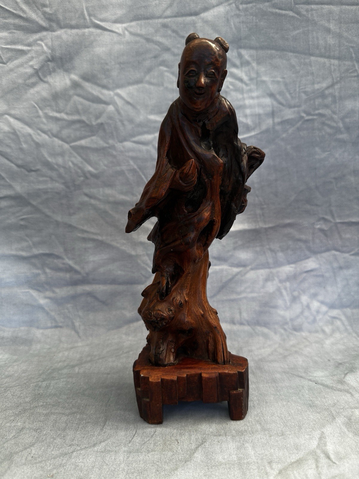 Antique Chinese Hardwood Carving of Smiling Boy on Root Stand c1900-1940 30cm