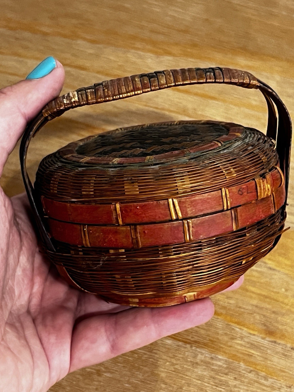Antique Chinese Miniature Bamboo Wedding Basket Republic Era Woven Trinket Box
