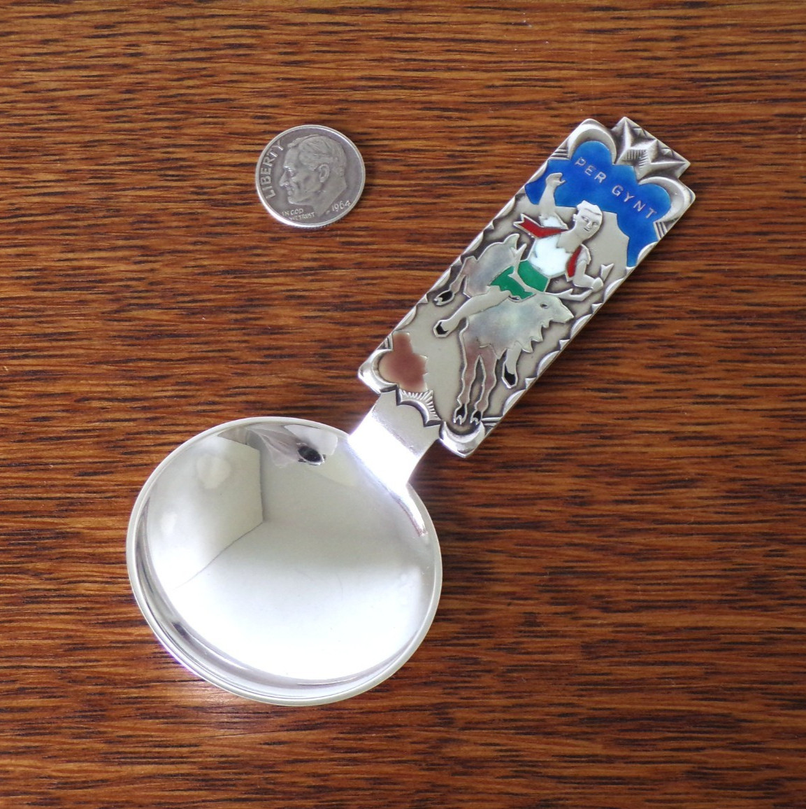 DAVID ANDERSEN Sterling CADDY Spoon FOLK Hero PER GYNT Norway ENAMEL 31 Grams