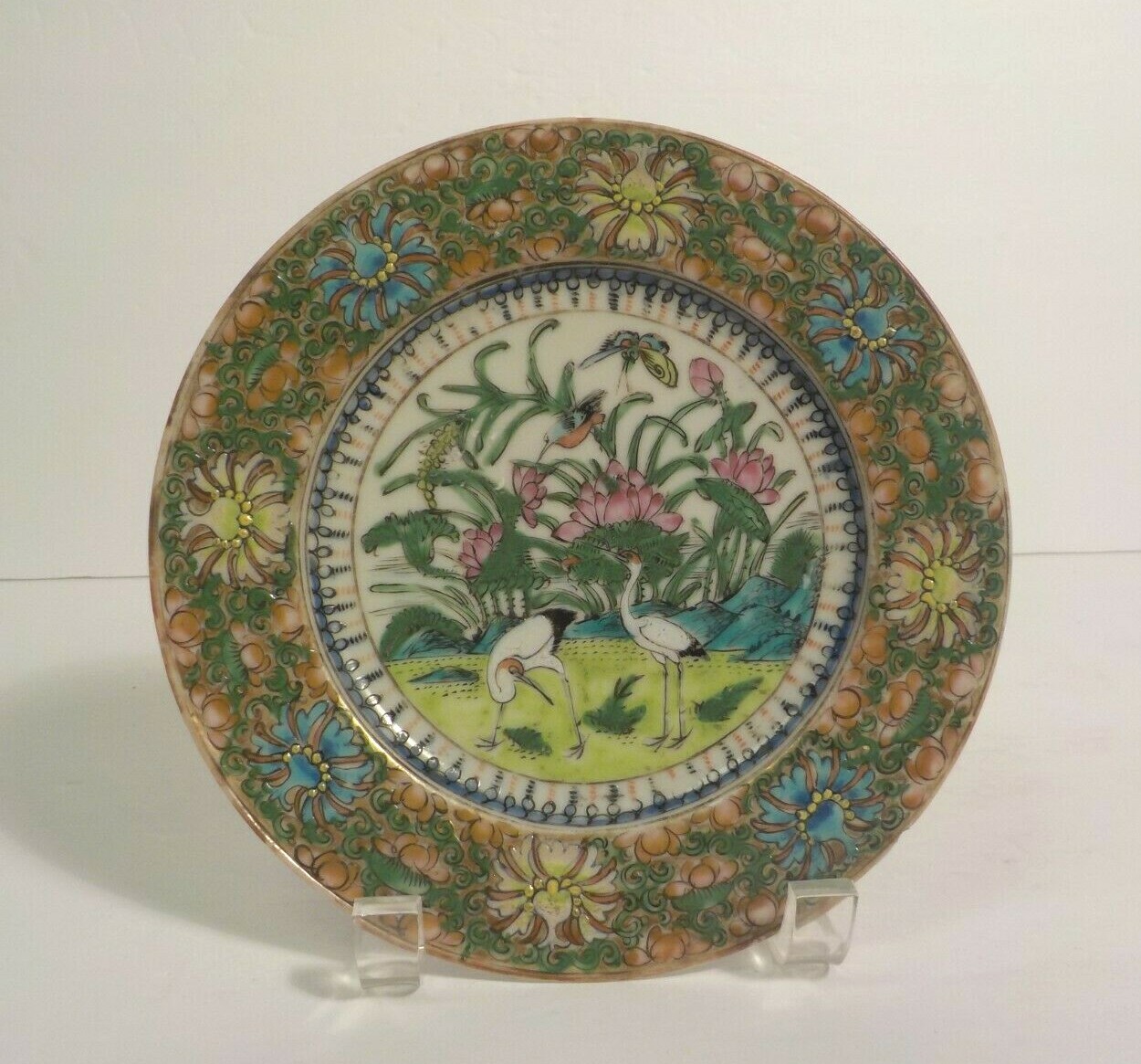 19th C. Chinese Export Famille Rose Canton 7.25″ Plate, Cranes, c. 1850-1899