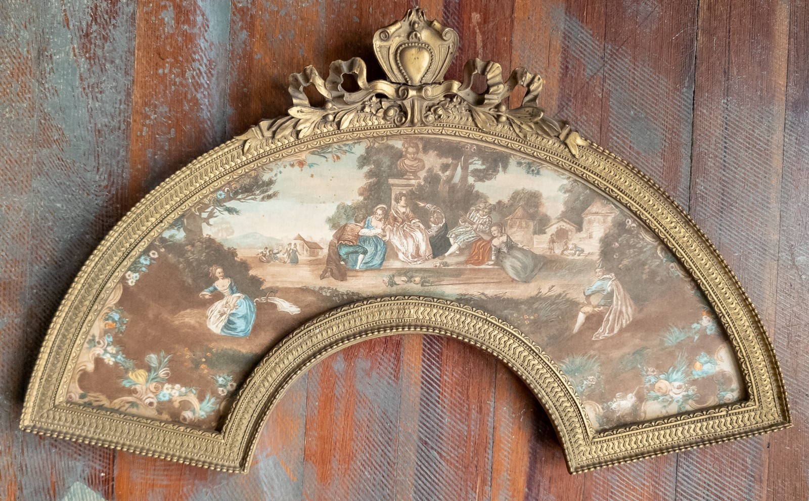 Antique Fan Shaped Picture Painting Frame with Print Gilt Plaster