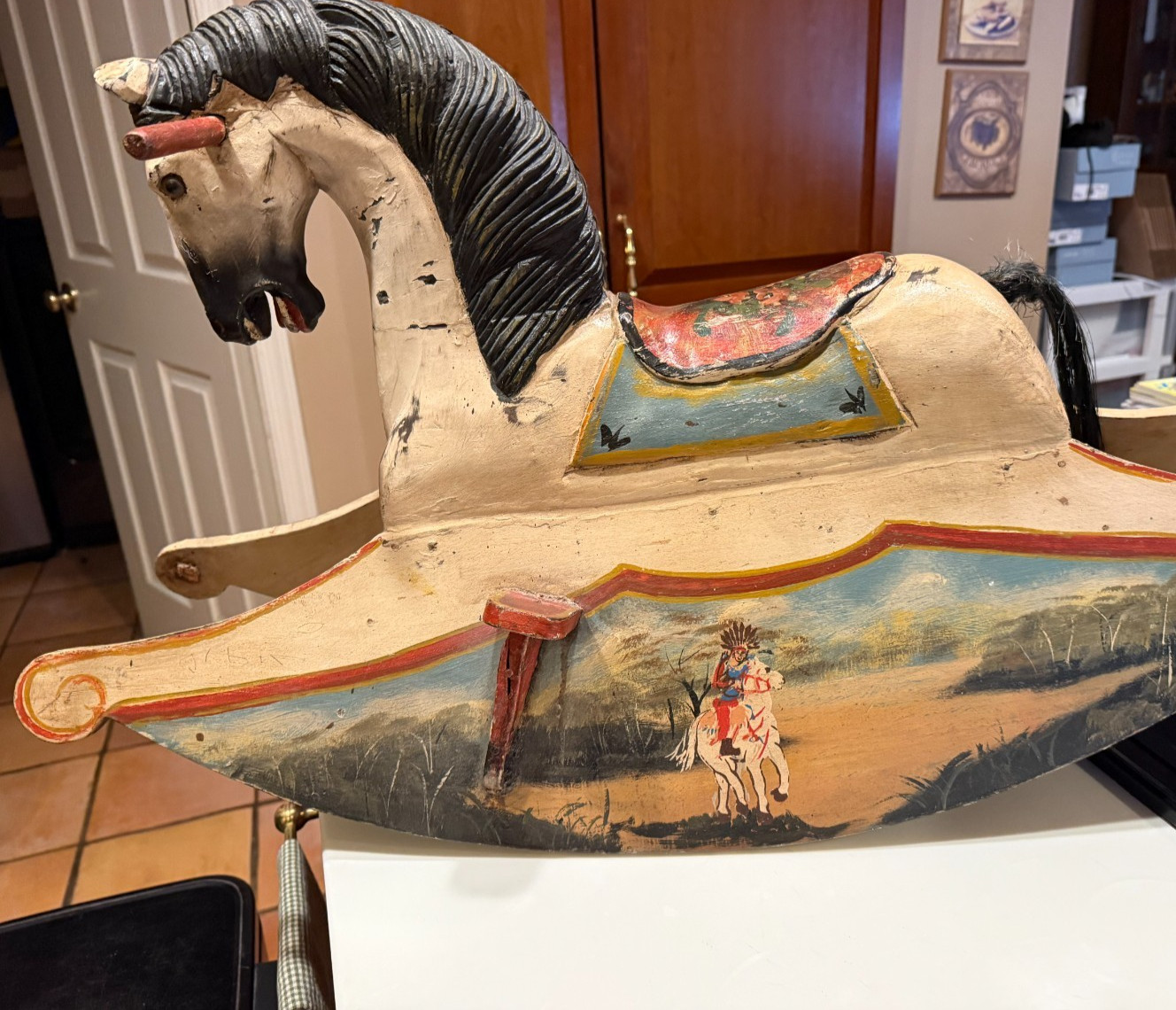 Antique Hand Painted Swedish Wooden Rocking Horse REAL HORSE HAIR TAIL 34″L X 20