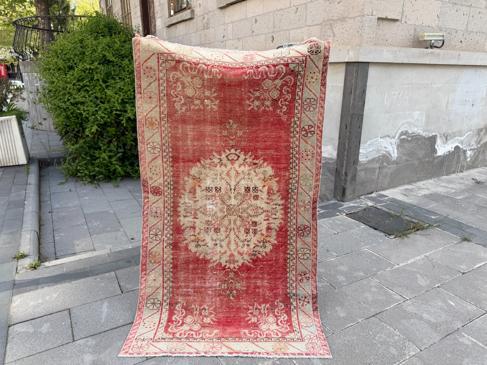 Vintage Turkish Oushak Rug 3.3×6 ft Red Cream Area Rug Handmade Wool Carpet
