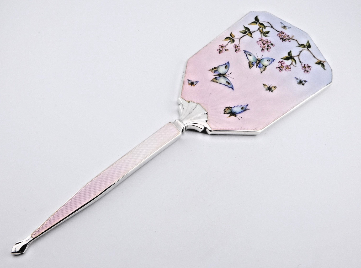 STUNNING ART DECO SOLID STERLING SILVER GUILLOCHE ENAMEL BUTTERFLY HAND MIRROR