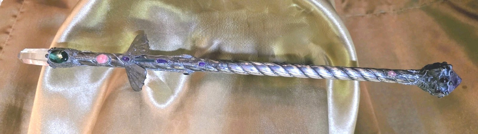 Beautiful Encrusted Signed Wand/Staff Amethyst , Rose Quartz ,Garnet, Malachite