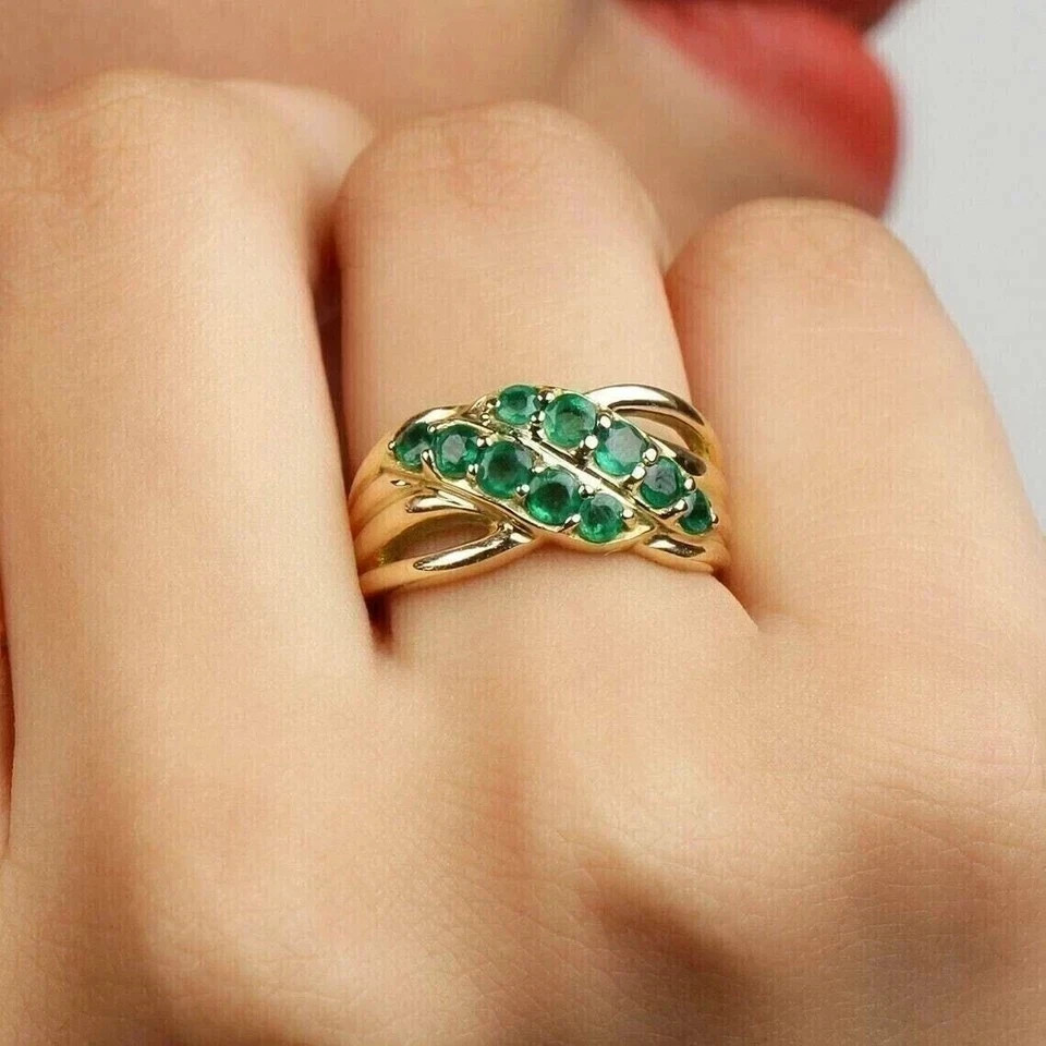2Ct Round Cut Lab Created Green Emerald Engagement Ring 14K Yellow Gold Plated