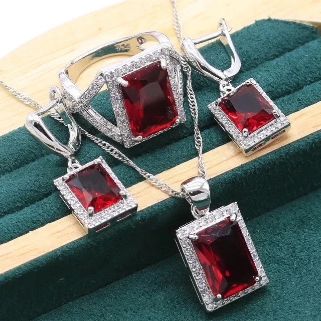 Women’s Mix Jewelry Set 14K White Gold Plated 5Ct Emerald Lab Created Red Ruby