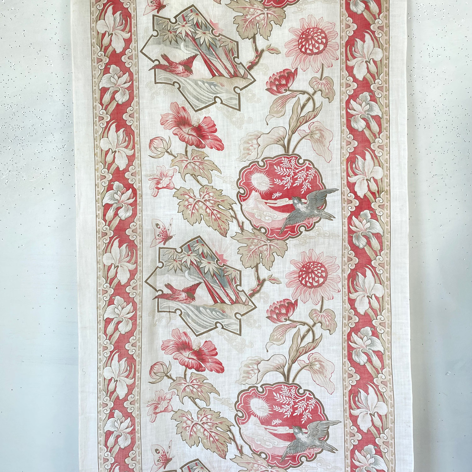 94X 25 Antique French 1900s Japonisme design fabric faded to perfection