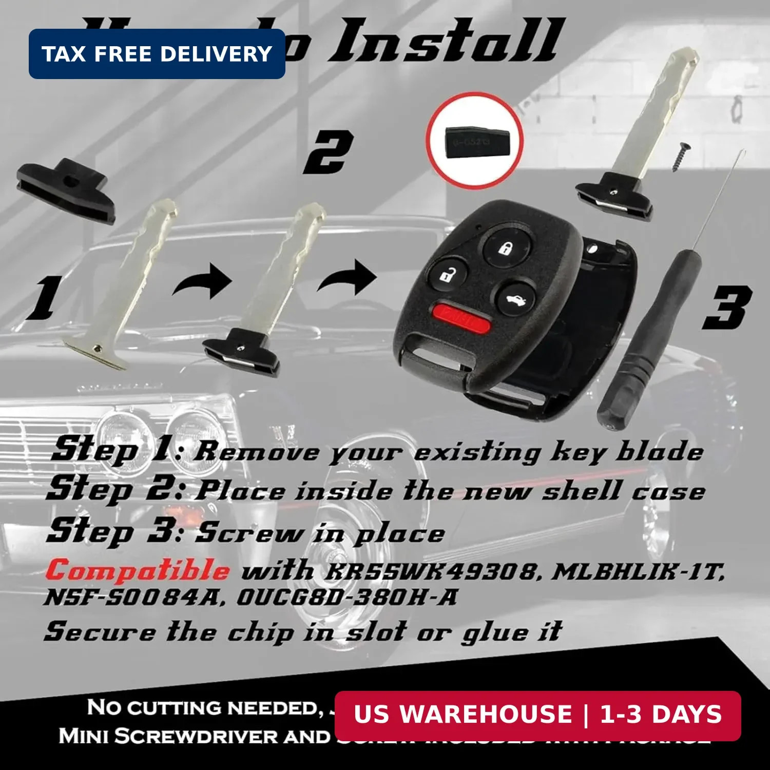 Cutting NOT Required – Key Fob Keyless Entry Remote Shell Case & Pad fits Honda