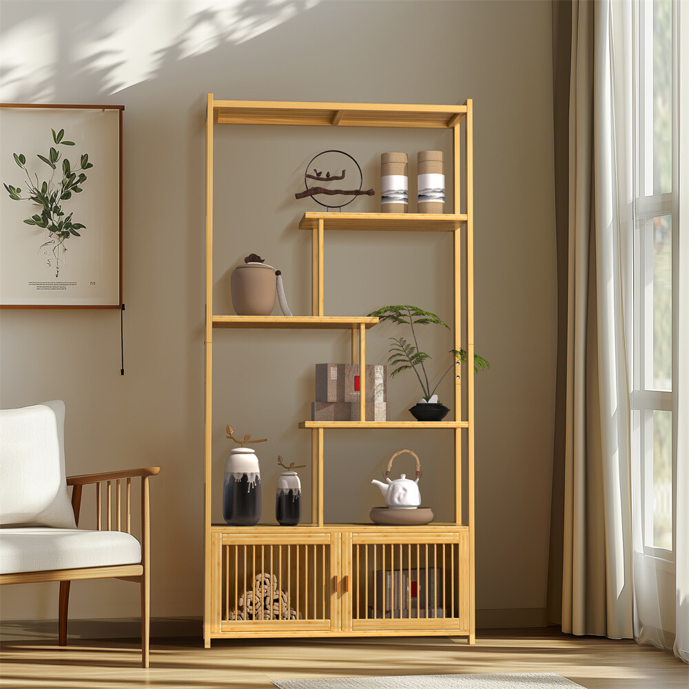 6-Tier Bookshelf w/ Cabinet Bamboo Tall Chinese Vintage Display Etagere Shelves