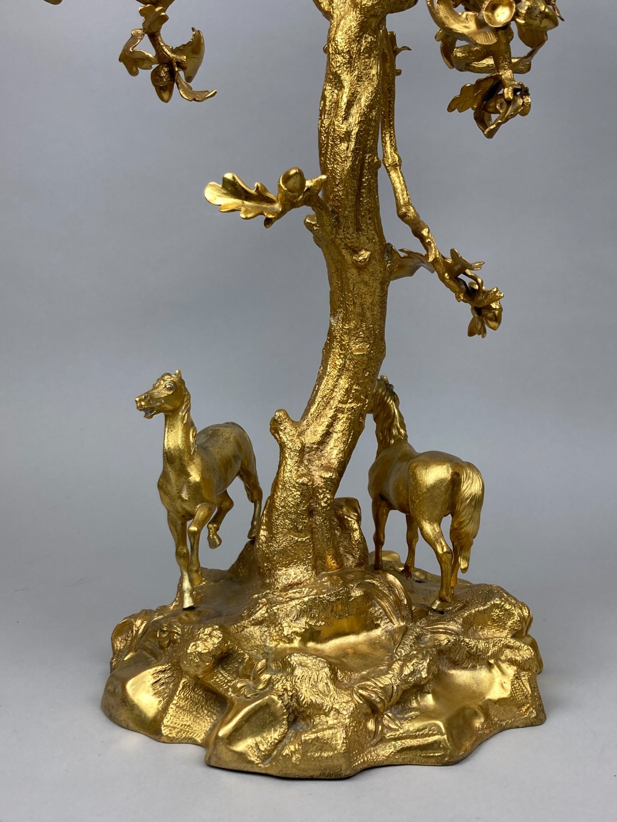 FINE ANTIQUE CANDELABRA CENTREPIECE ARABIAN STALLION HORSE OAK TREE GILT BRONZE