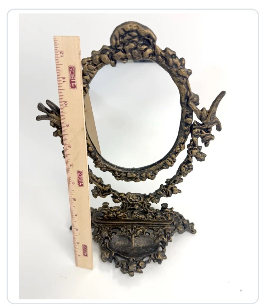 Oval Tabletop Vanity Mirror w/ Stand, Bronze Metal Frame, Cherubs 12 in