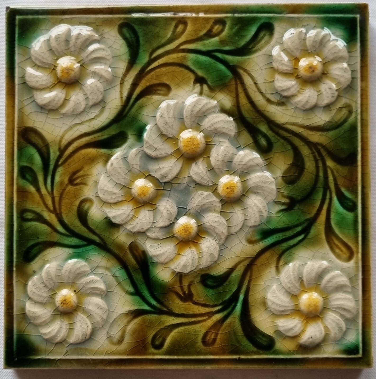 Arts & Crafts Tile. Hand Painted Moulded Majolica. Marsden Tile Co. C1900s