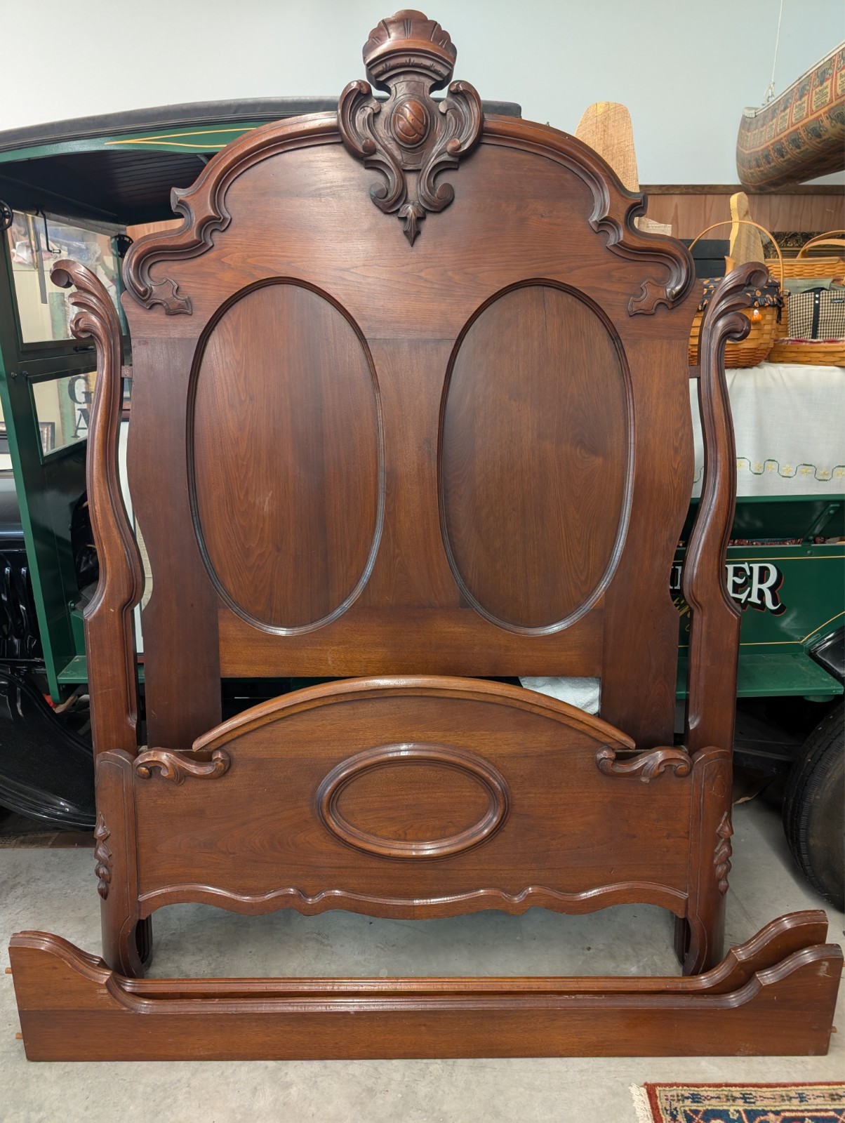 Antique Victorian Carved Walnut High Back Full Size Bed with Rails- 1870-1880s