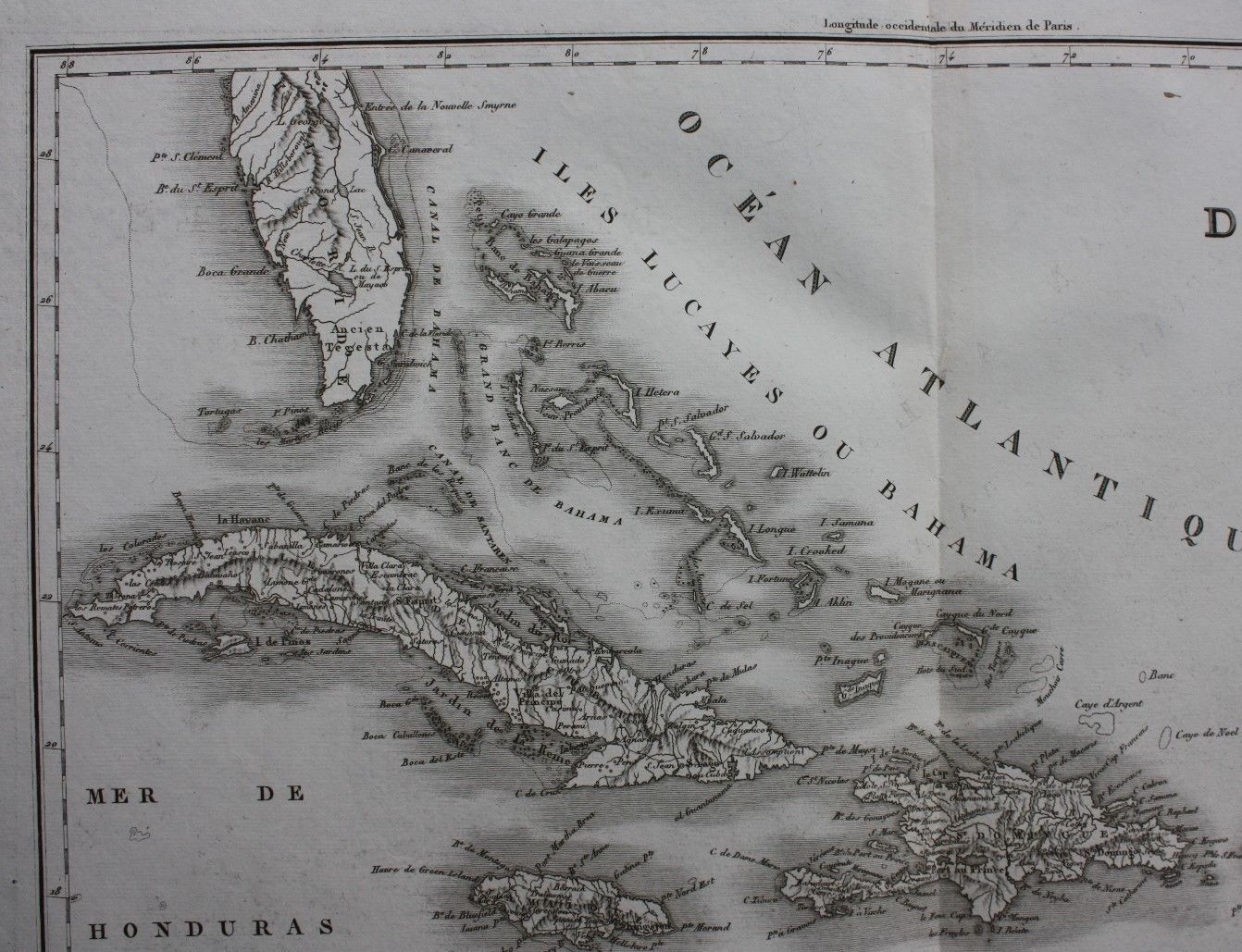 Antique atlas map, ANTILLES, CUBA, JAMAICA, BAHAMAS, FLORIDA, Tardieu, 1822