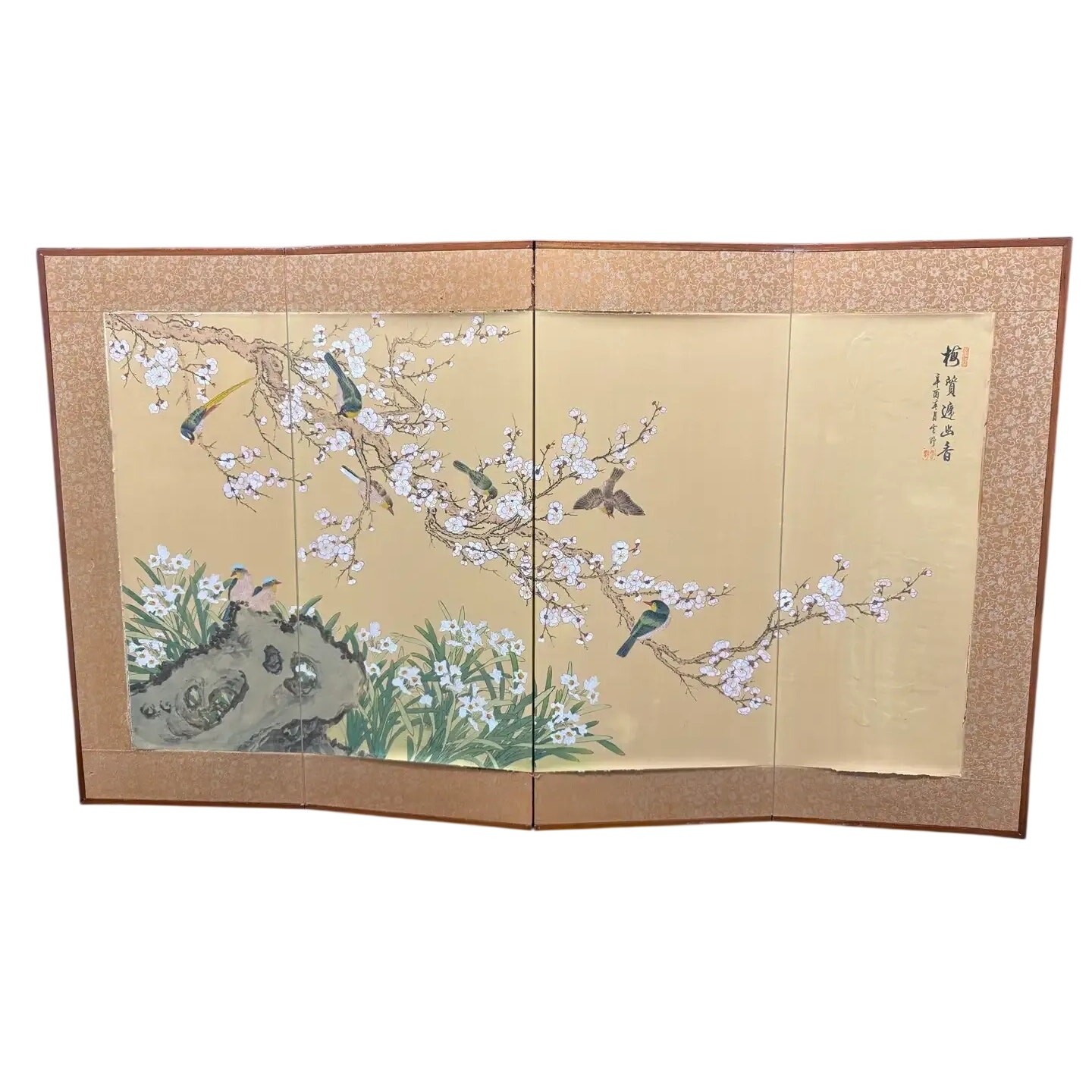 Vintage Japanese Byobu Folding Screen Birds Flowers Gold Signed 4 Panel 59×35 In