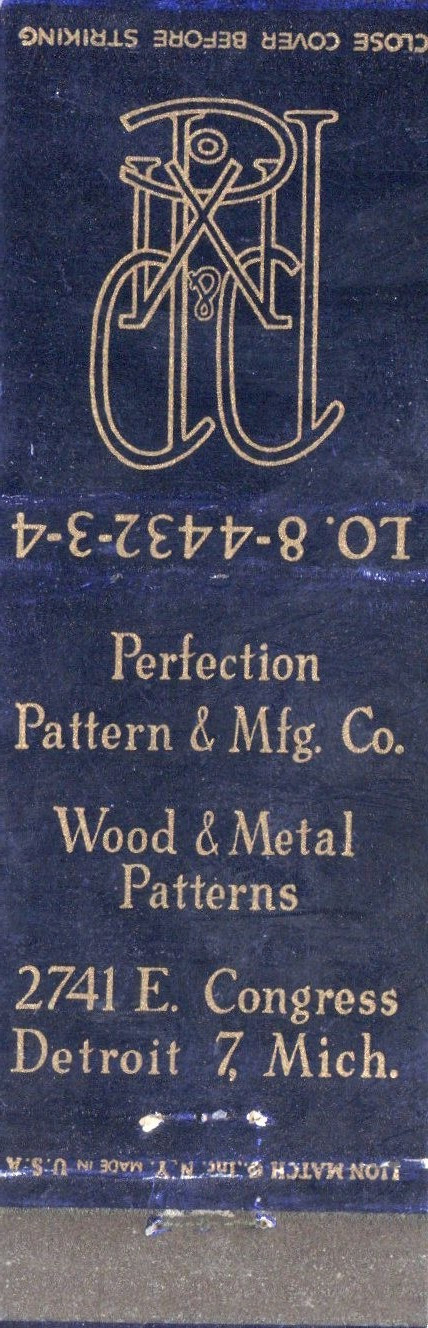 Vintage Matchcover Perfection Pattern & Mfg Co Detroit Mich