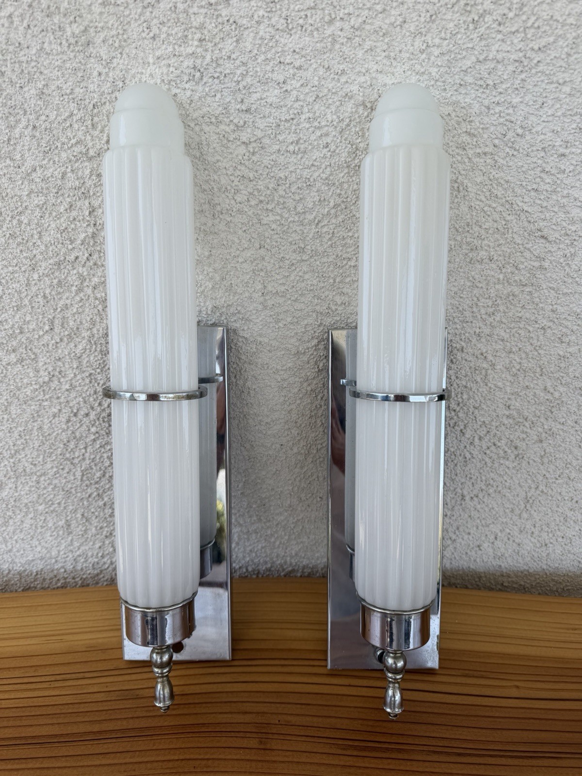 Vintage Pair Skyscraper Sconces with Ribbed Frosted Glass 1930’s
