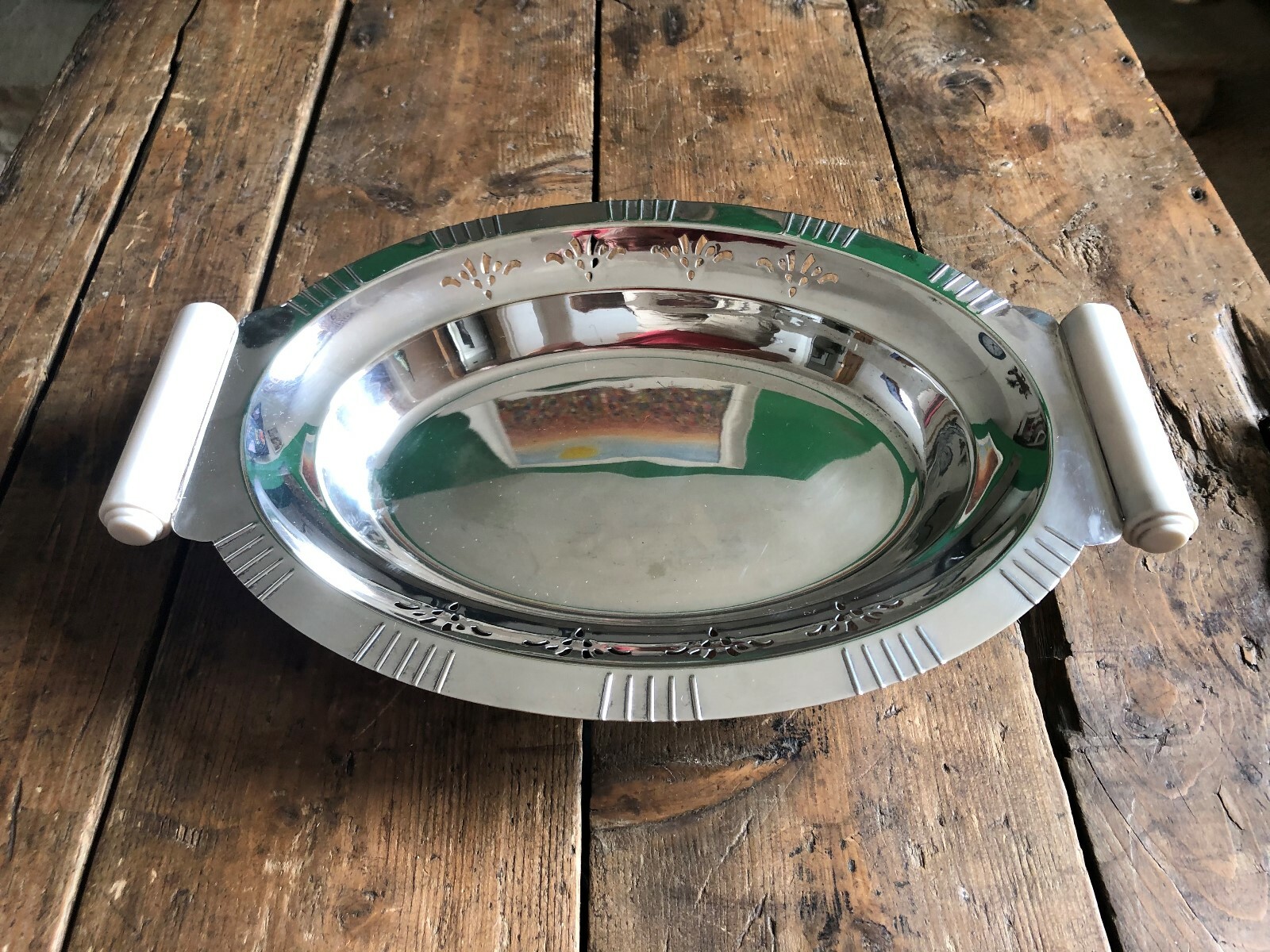 Vintage Yeoman Plate Serving Dish E P N S White Handles