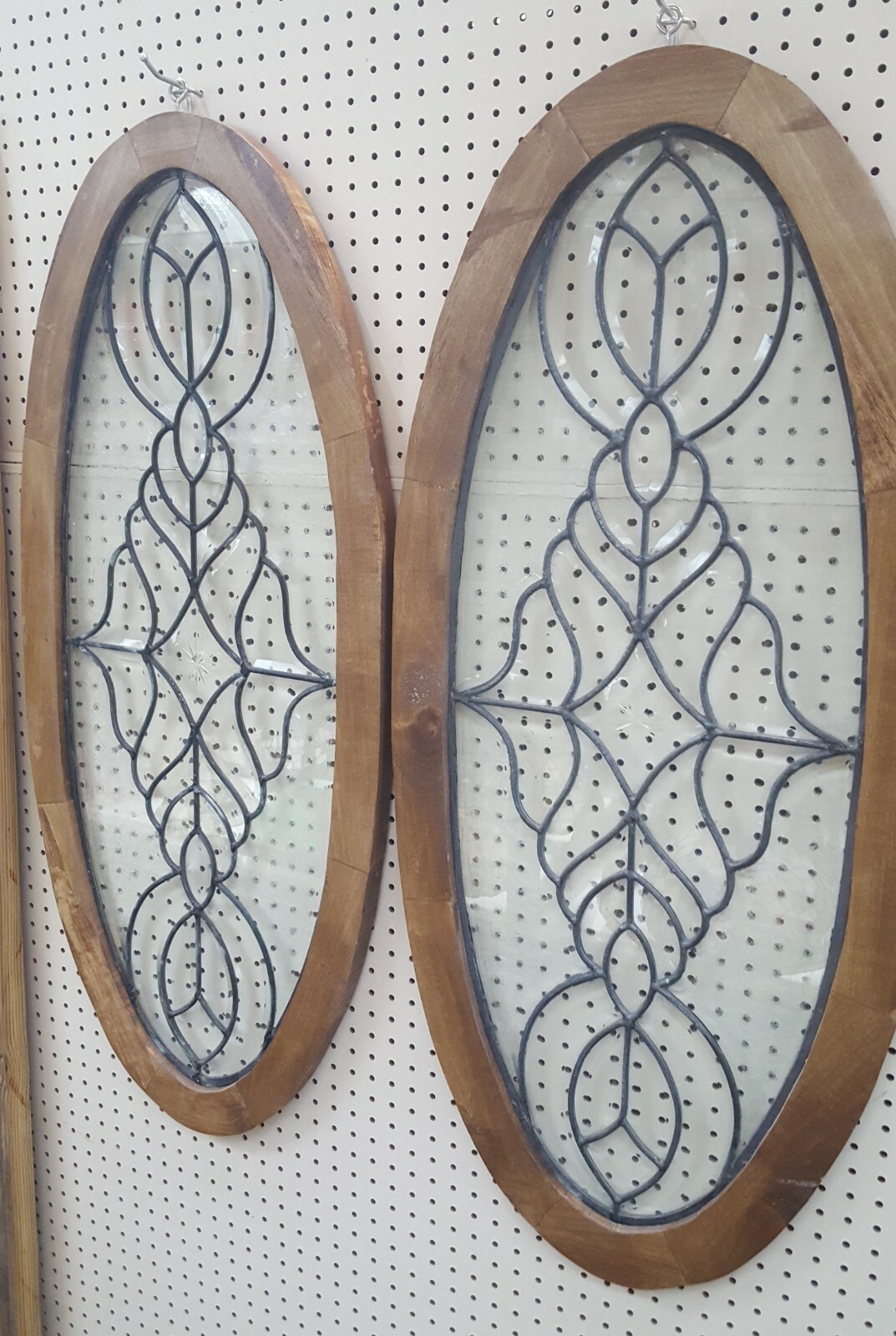 Pair of Oval Beveled Leaded Textured Glass Windows with Custom Hardwood Frames