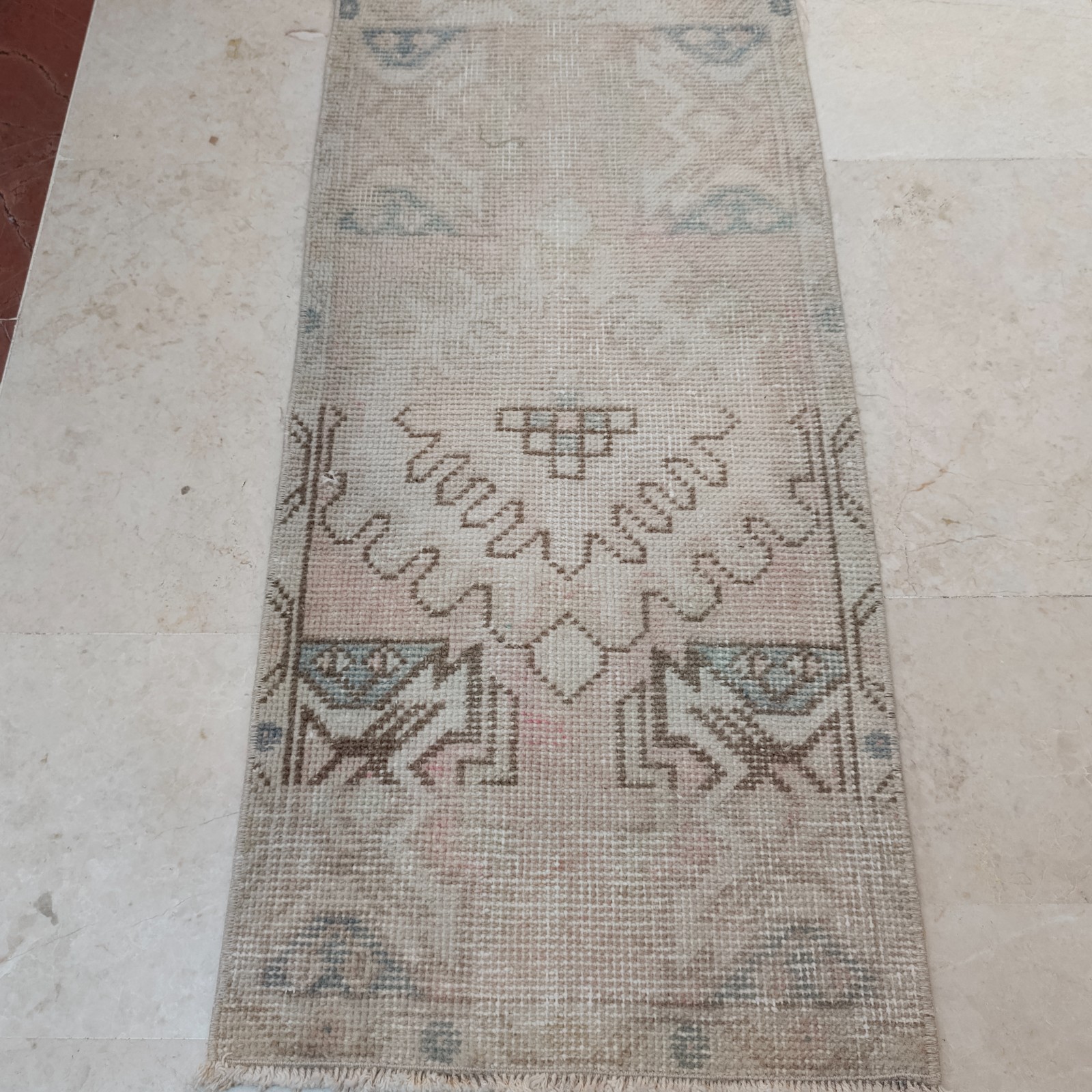 Muted Turkish Vintage Small Rug 42 x 90 cm Bath Mat 1.38 x 2.95 ft carpet