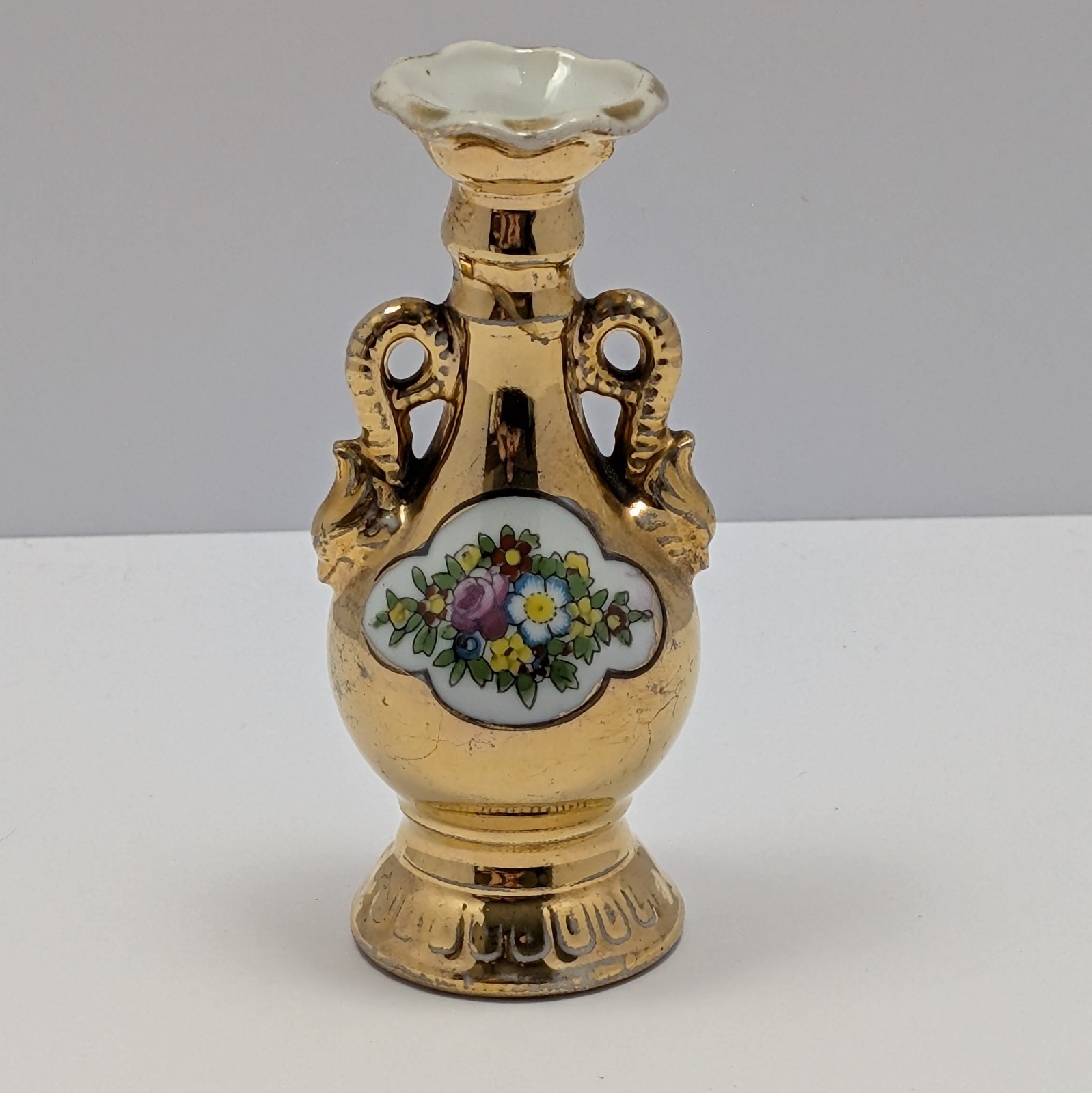 Miniature Vintage Japanese Brass Hand Painted Floral Bud Vase Elegant Victorian