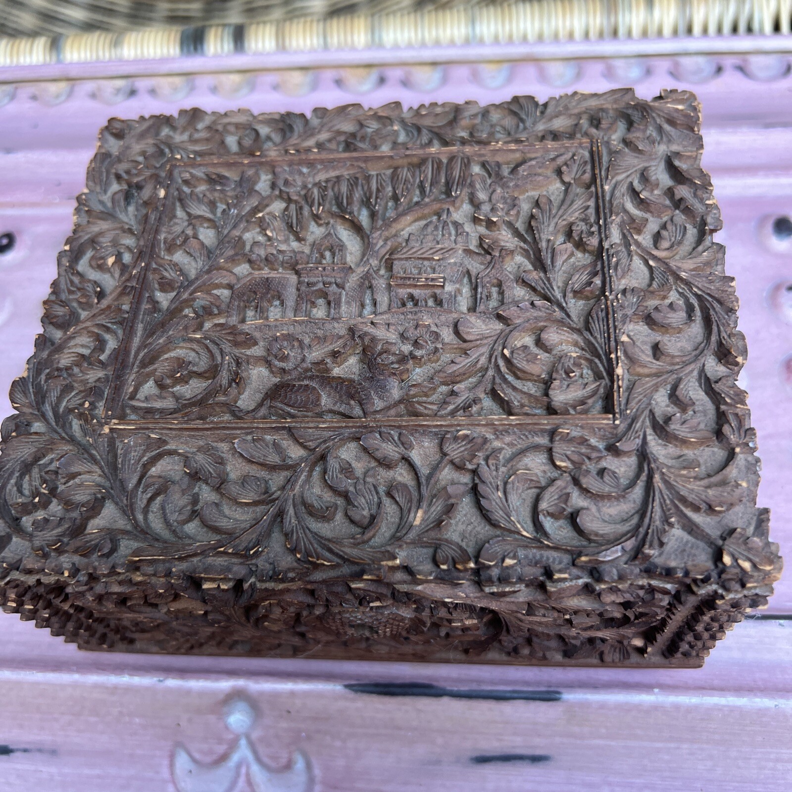 Hand Carved Old Decorative Multi Purpose Wood Trinket 6x5x2.5” Middle Age Style