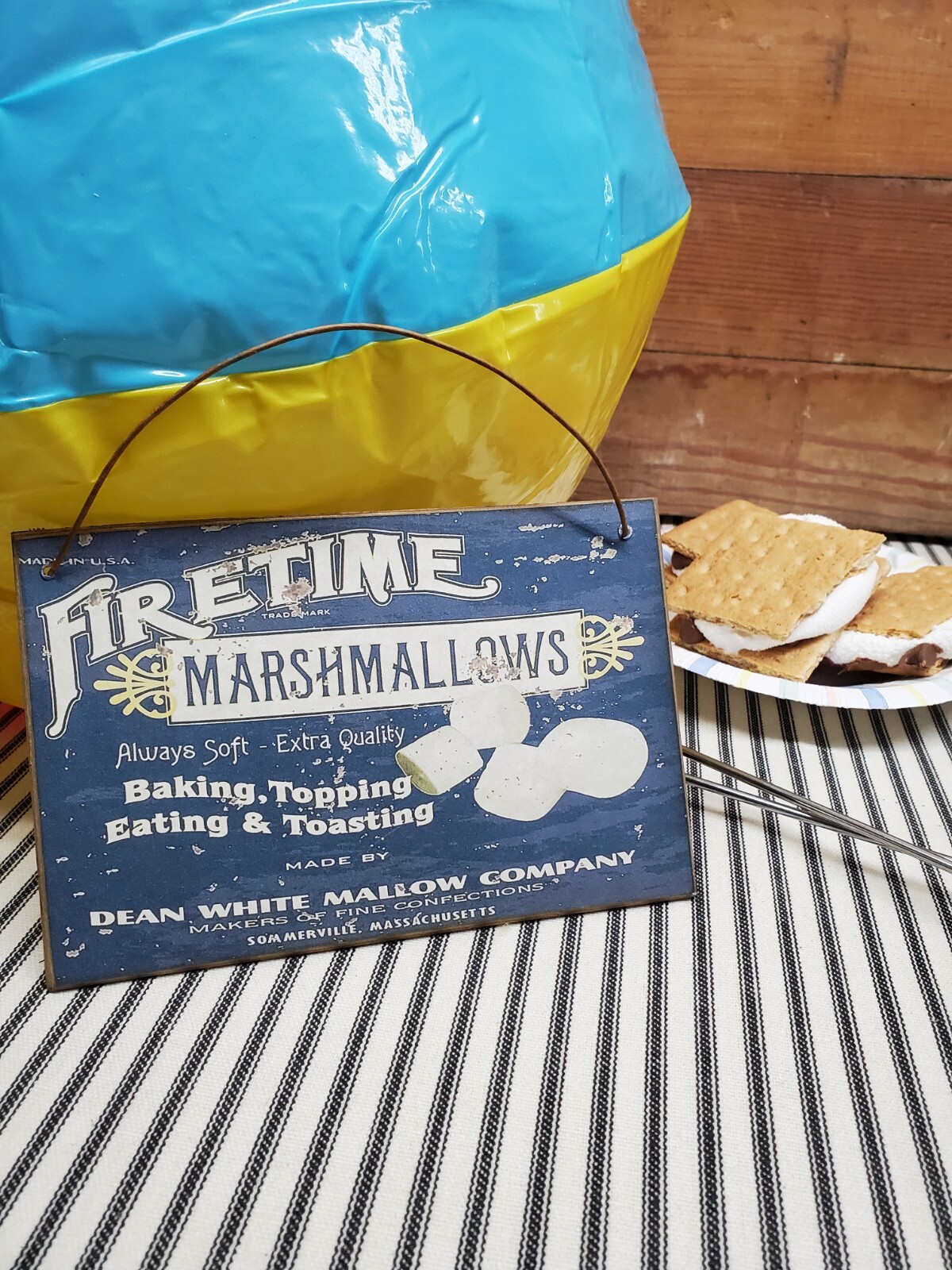 PRIMITIVE ANTIQUE VINTAGE RETRO TIN STYLE FIRETIME MARSHMALLOW WOOD 4 X 6 SIGN