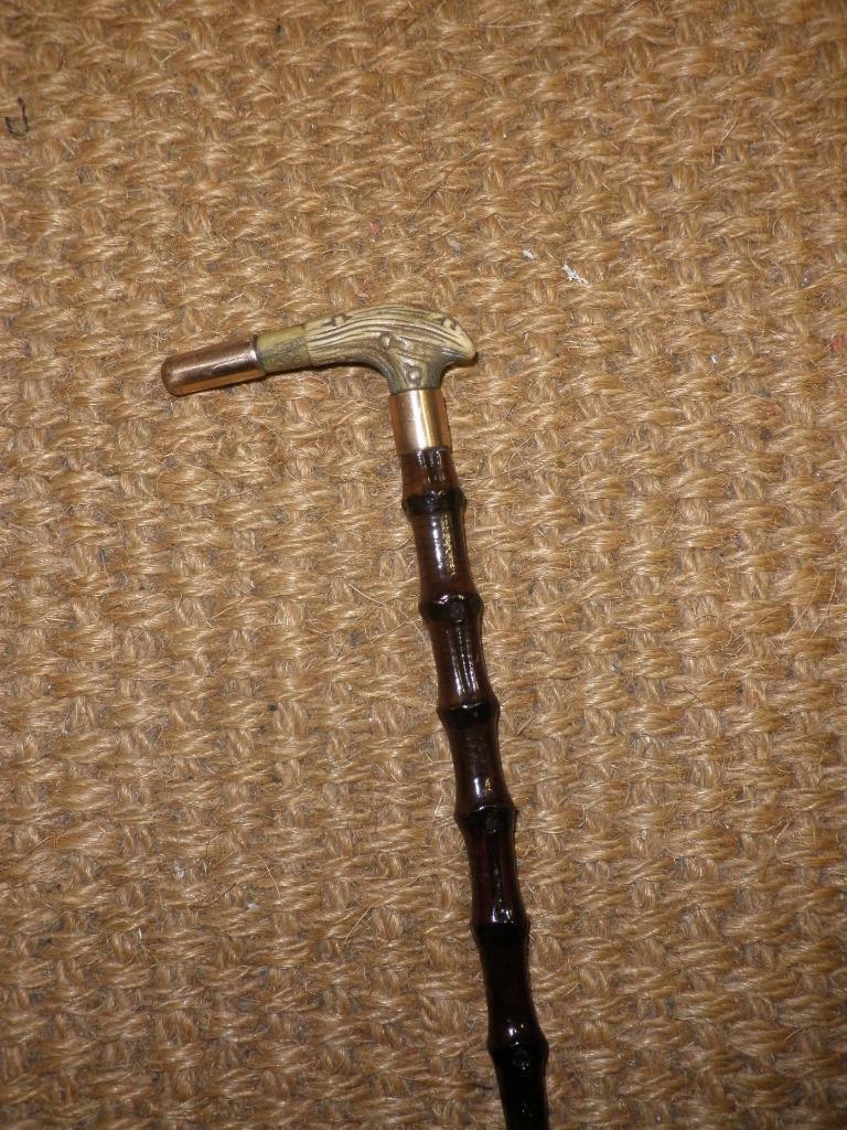 Antique Bamboo Ladies Walking Cane Antler Handle & Gold Plated Furnishings