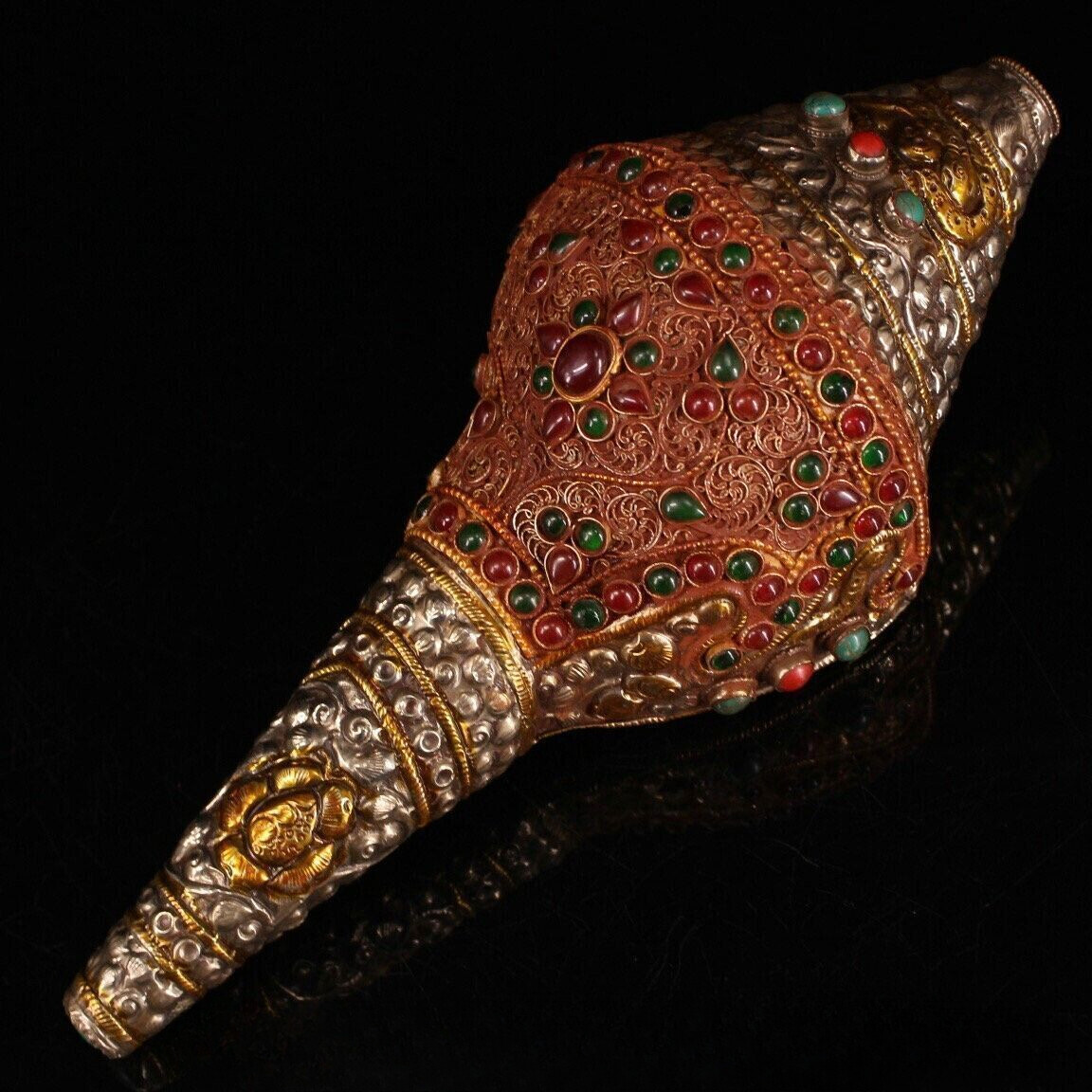 10” Old Tibet Conch Miao Silver Gilt Inlay Gem Bugle Trumpet Shell Statue