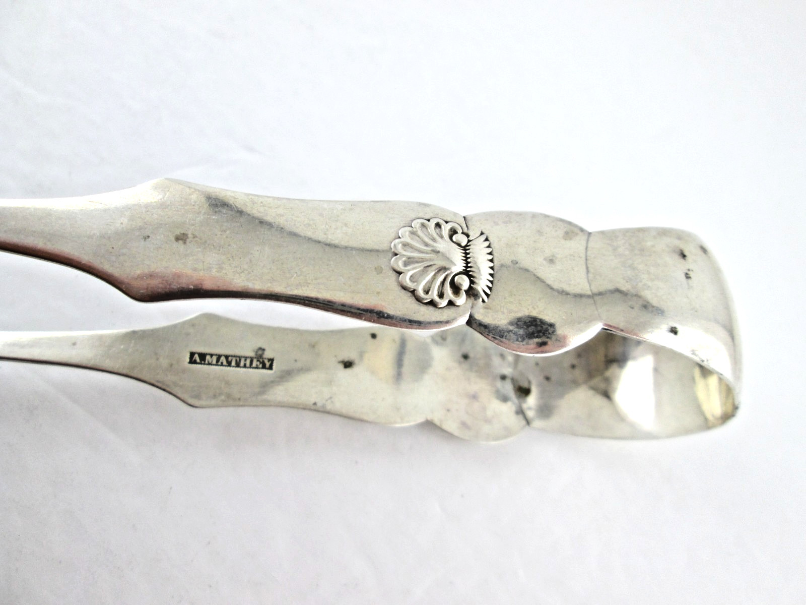 Antique Large Pair 19th C. American AUGUSTUS MATHEY Coin Silver Tongs