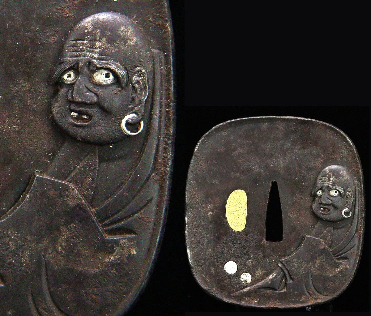 Edo Japan antique Tsuba Iron Large 8.6cm Daruma Monk sword katana armor