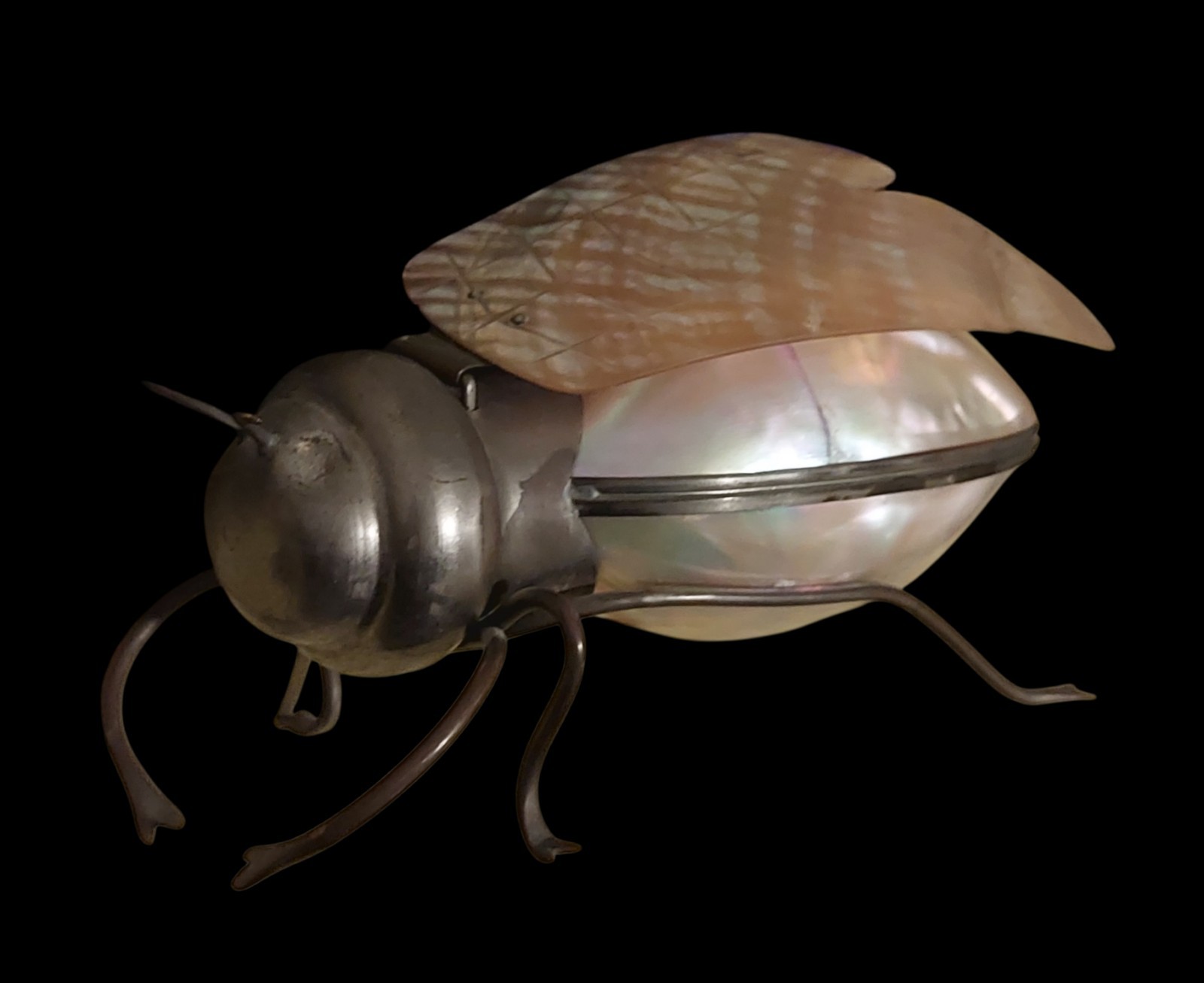 ANTIQUE RARE SIGNED GERMAN ART & CRAFTS FLY SUGAR BOWL MOTHER OF PEARL