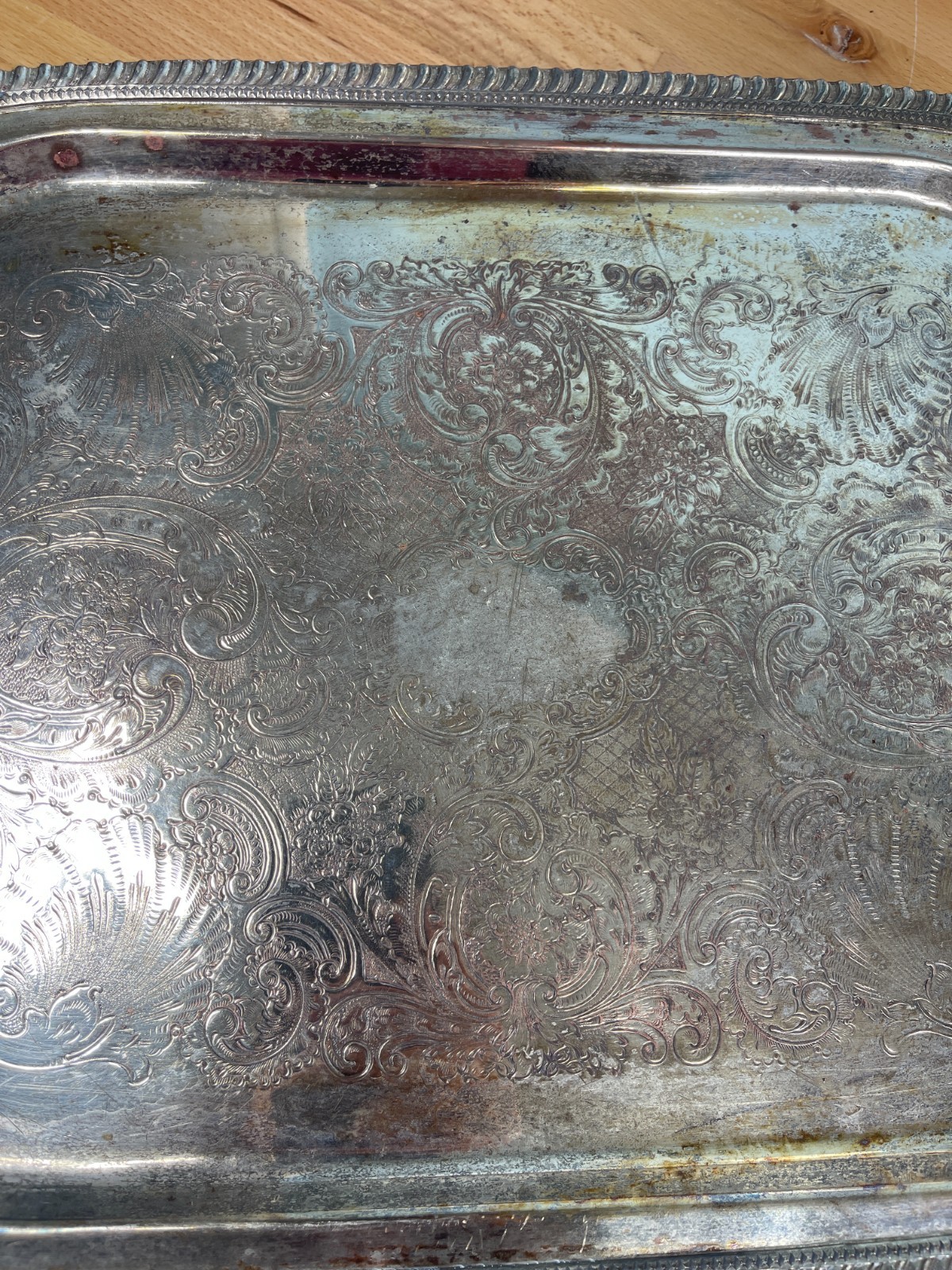 Antique Silver on Copper Serving Tray Ornate Engraved Handles Patina