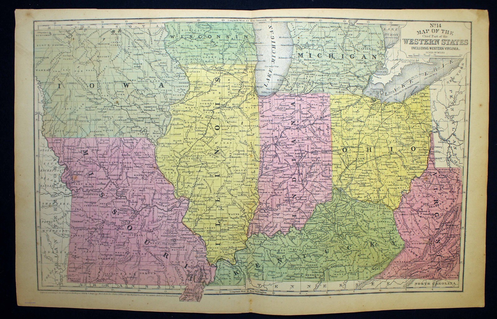Antique Map 1852 Western States Mitchell’s Illinois Ohio Kentucky Missouri Iowa