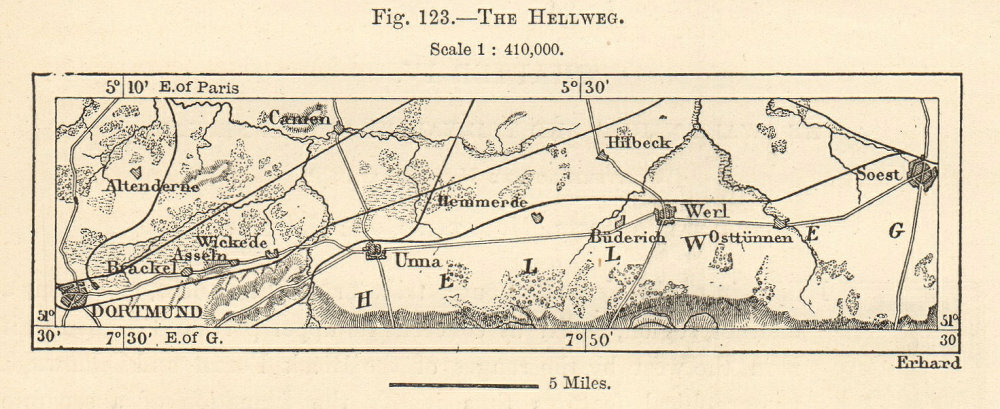 Westphalian Hellweg. Dortmund-Soest. Germany. Sketch map. SMALL 1885 old