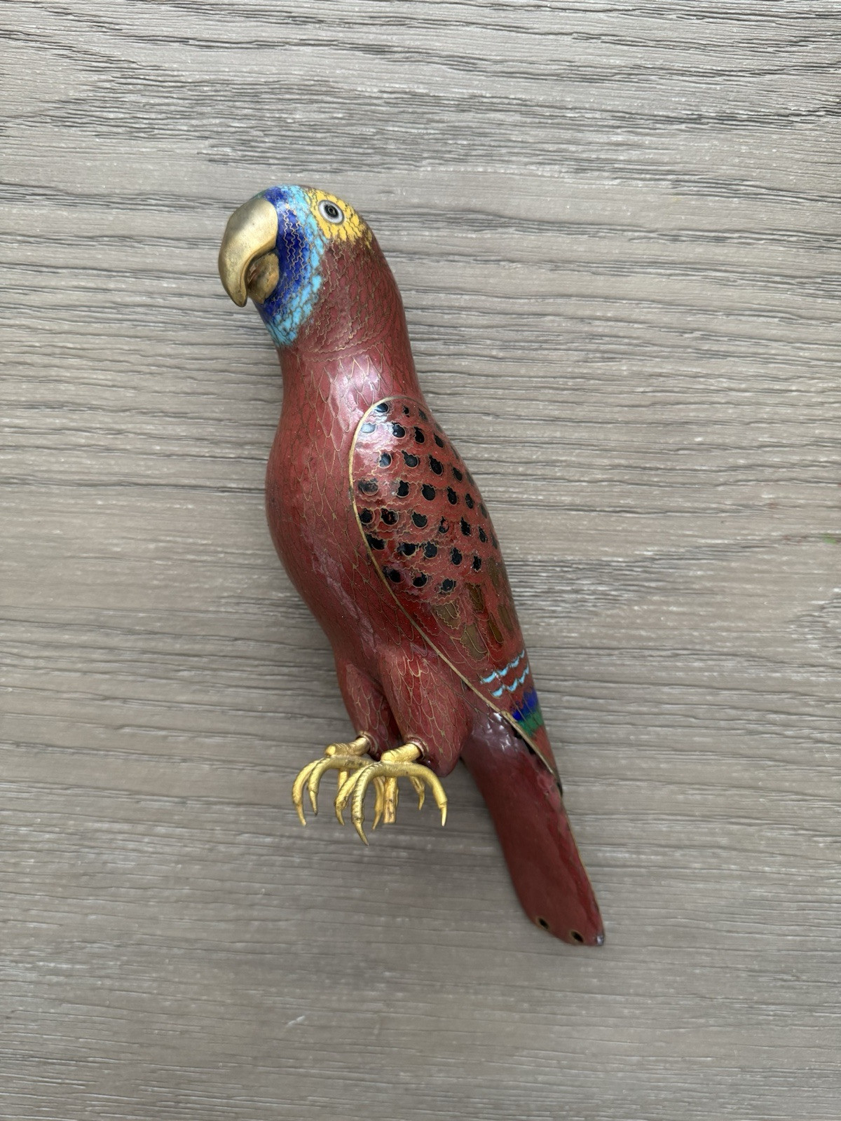Vintage Chinese Cloisonne Parrot Statue Enamel Brass Macaw Bird Figure – No Base