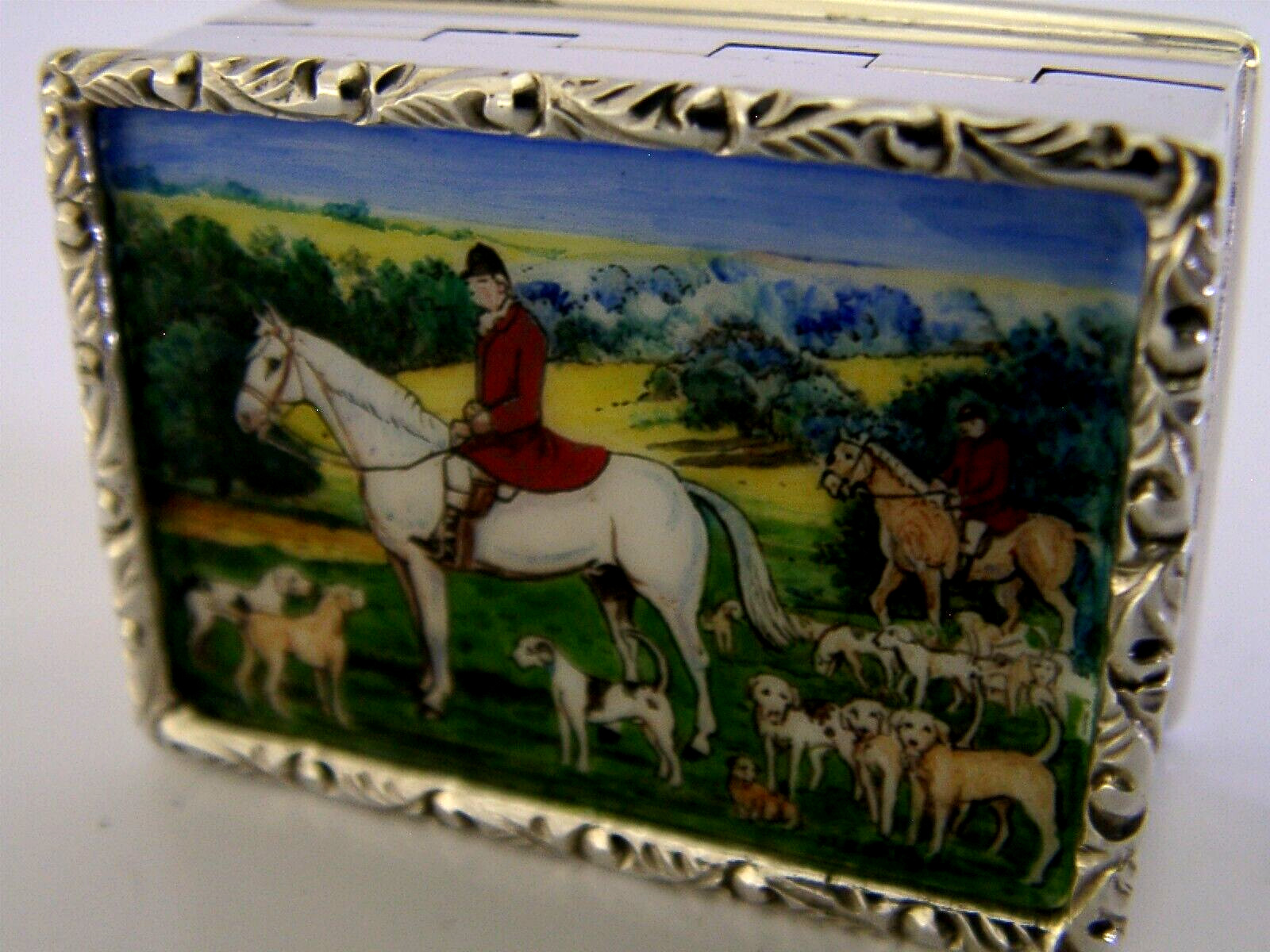 ENGLISH STERLING SILVER ENAMEL FOX HUNTING BOX 1988