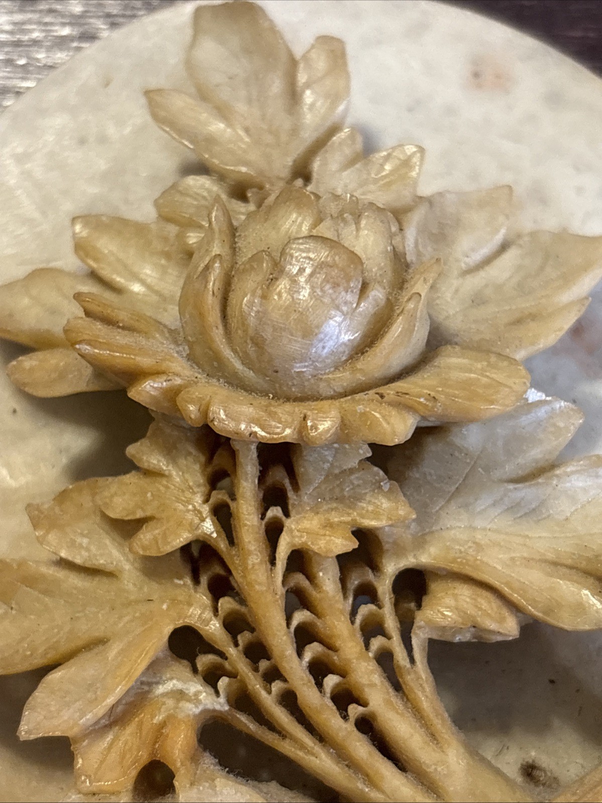 Vintage Hand Carved Soapstone Flower And Bird Sculpture 3.5” X 5”