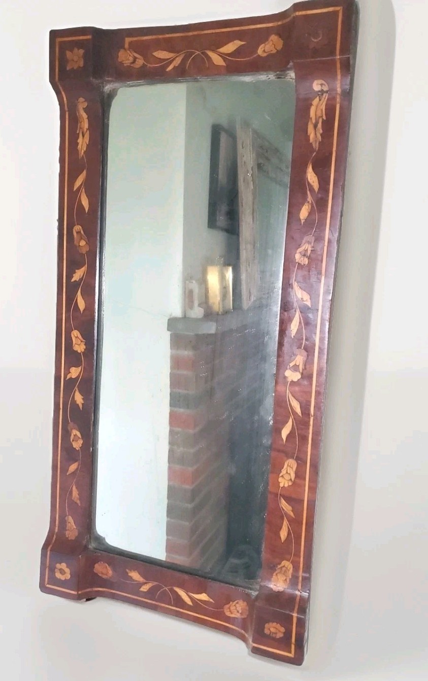 Old Dutch Marquetry Mirror 18th 19th Century Sycamore Design Inlays 14 X 29″