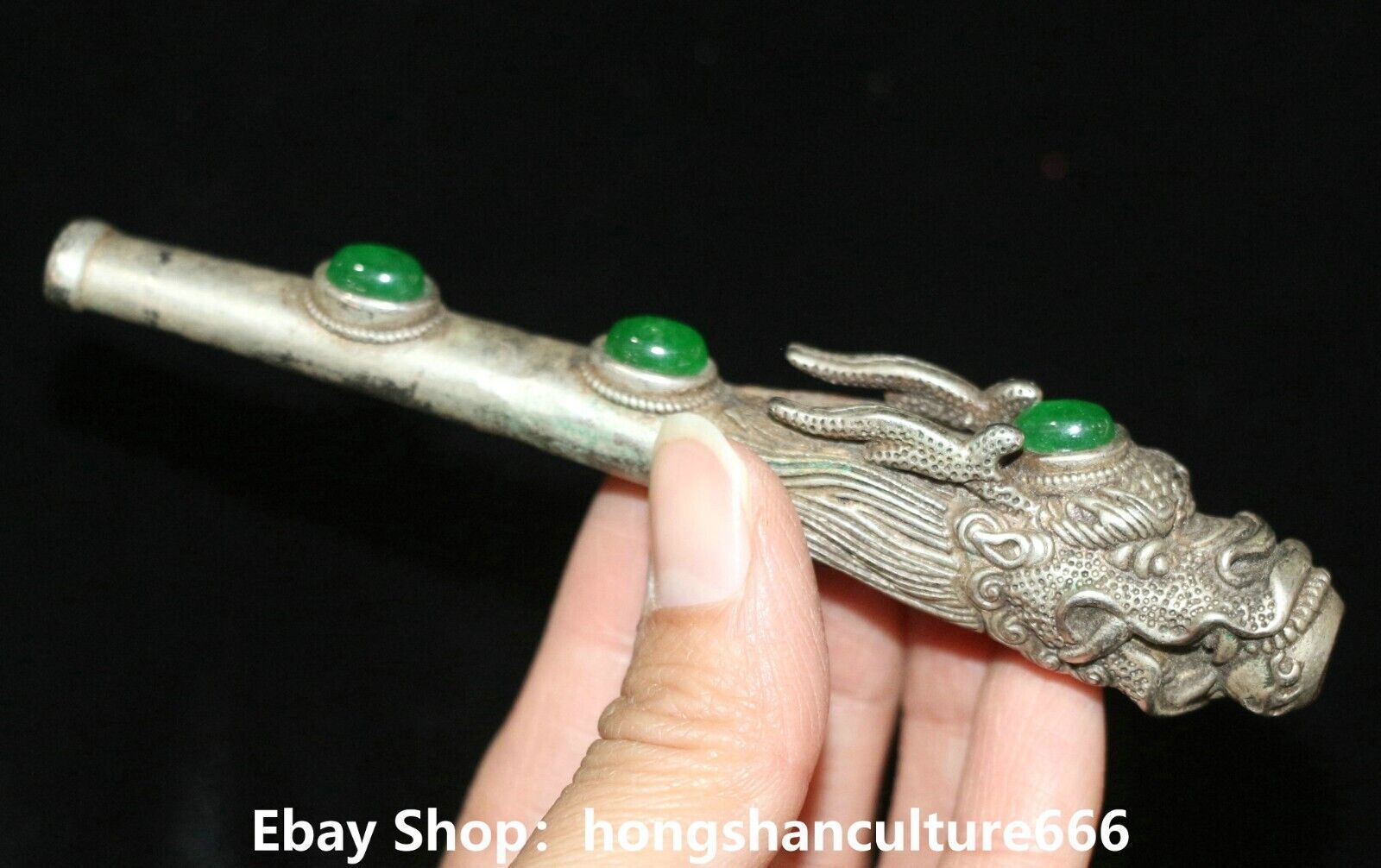 4″Old Chinese Silver Inlay Green Jade Dragon Head tobacco pipe cigarette holder