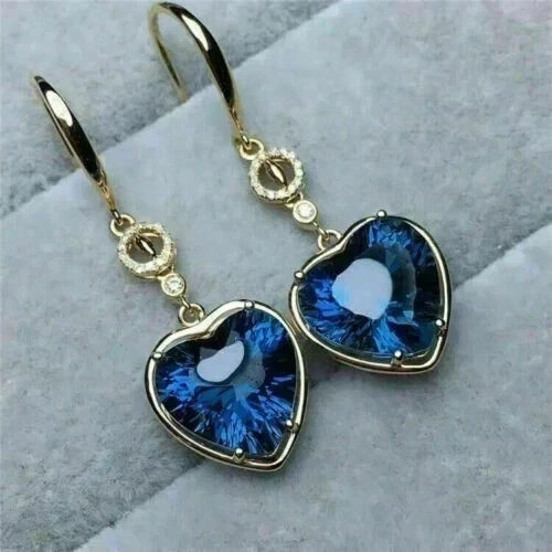 3Ct Heart Cut Lab Created Sapphire Drop Dangle Earring 14K Yellow Gold Plated