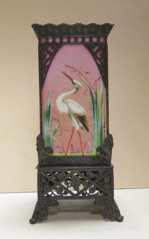 Antique Viennese Enamel & Porcelain Panel Vase w/ Metal Frame