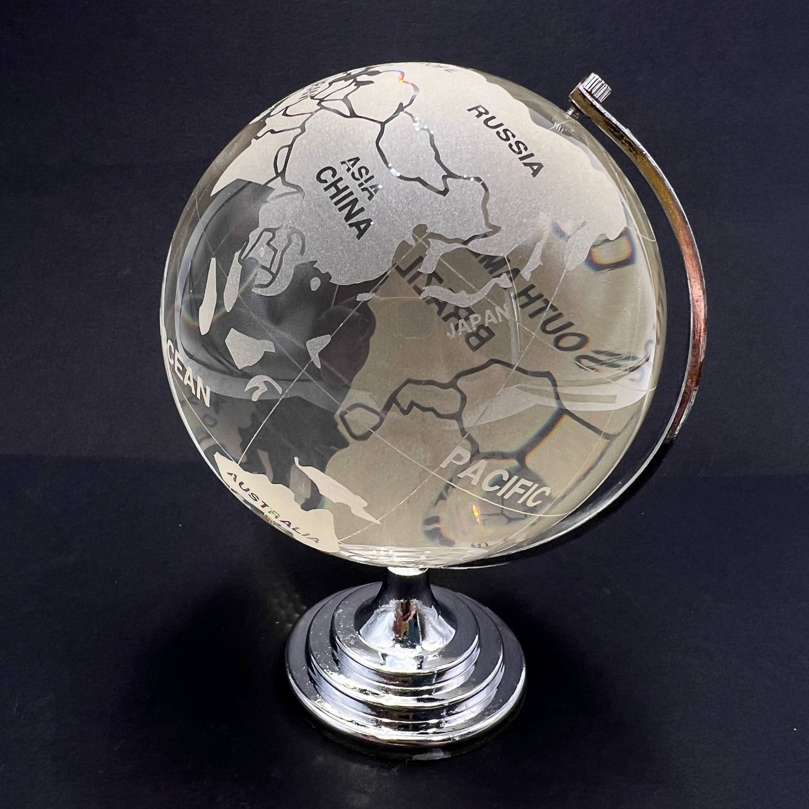 Vintage Crystal Glass Globe Sphere Etched World Map On Chrome Stand Decor 1.6 Kg