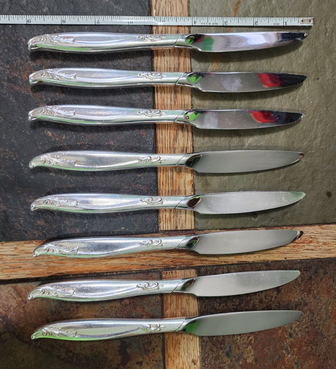 ✅ LOT OF 8 MID CENTURY c1958 WOODSONG SILVERPLATE NEW FRENCH HOLLOW PLACE KNIVES